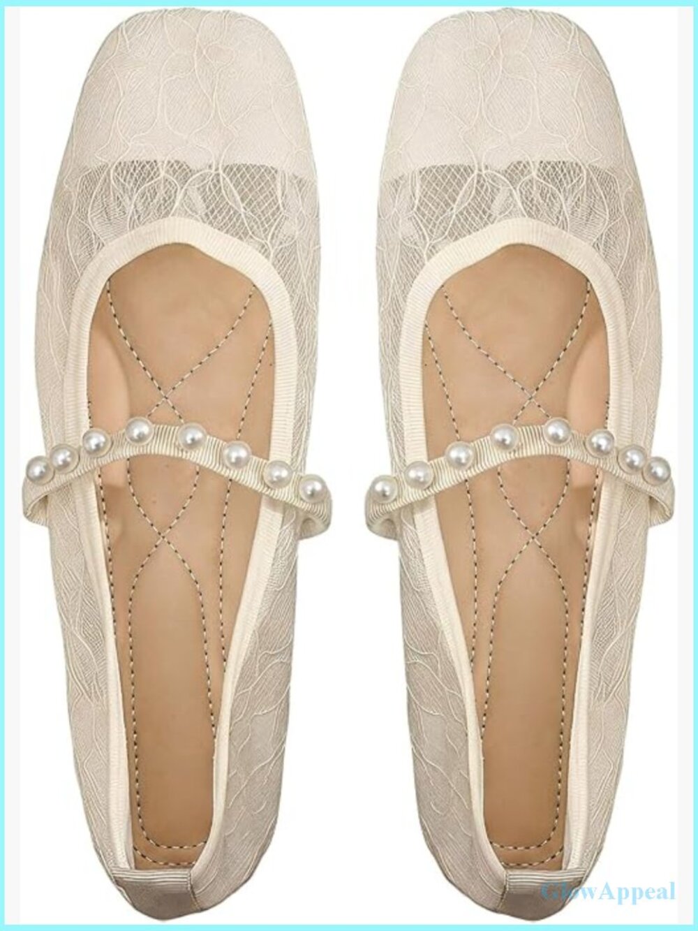 Lace Ballet Flat Shoes Dressy Sheer Mesh Square Toe Pearl Strap Wedding Party